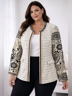 Chico’s Versailles Sleeve Pattern Metallic Wool Blend Jacket Career Creme Size 2